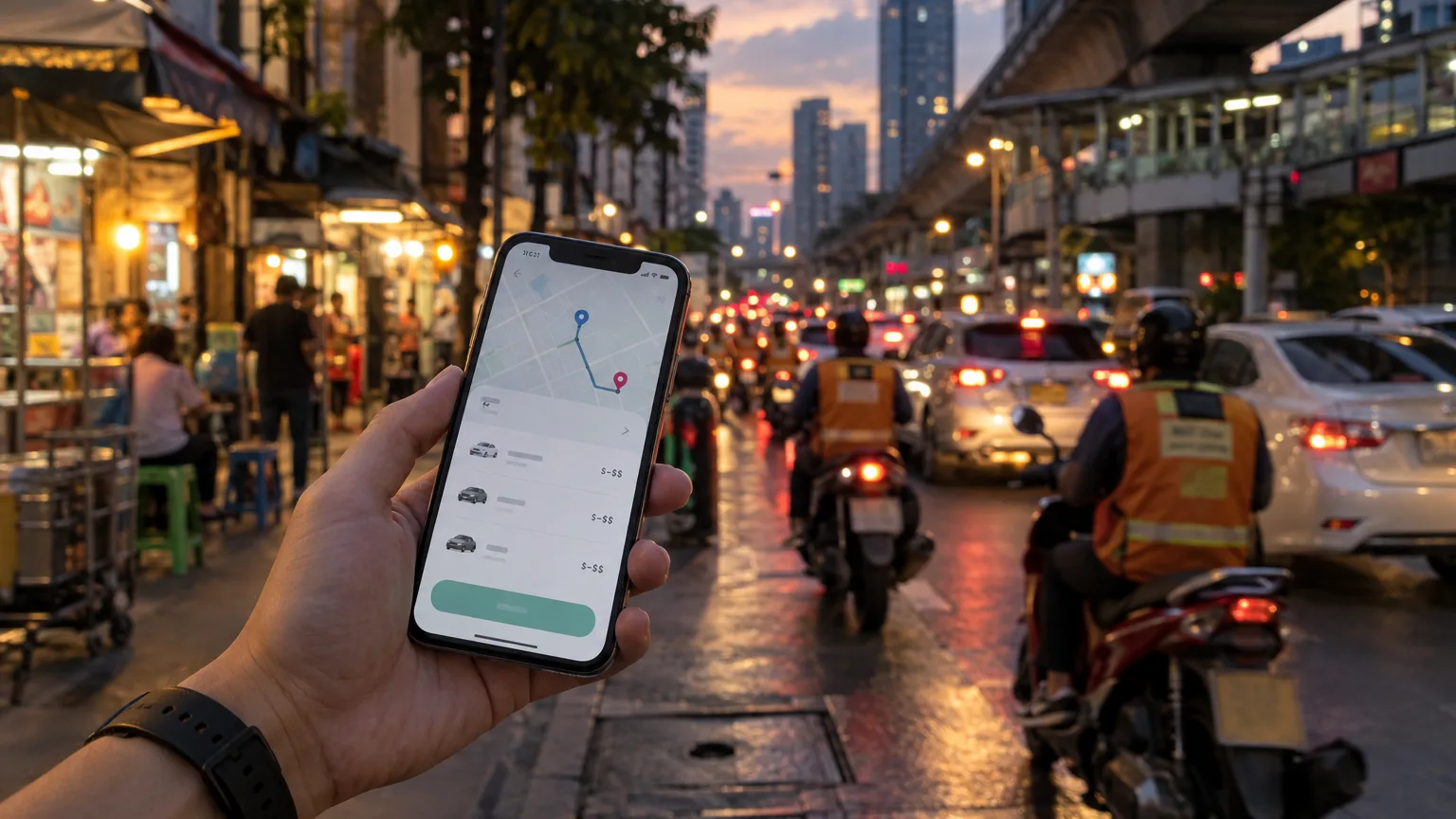 มือถือแสดงหน้าจอเรียกรถ Grab เปรียบเทียบราคาที่ปากซอยเอกมัย 63 ริมถนนสุขุมวิทตอนรถติด
