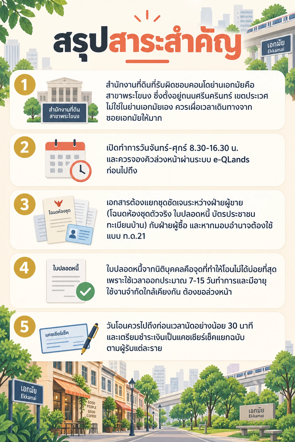 อินโฟกราฟิกสรุปข้อมูล โอนคอนโดกรมที่ดินพระโขนง: เอกสารและขั้นตอนวันโอนสำหรับคนเอกมัย