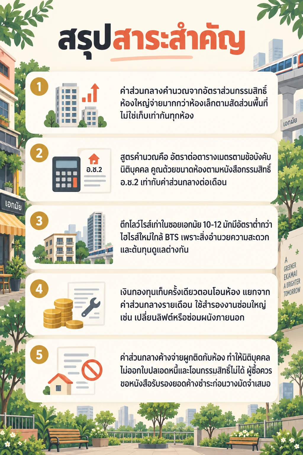 อินโฟกราฟิกสรุปข้อมูล ค่าส่วนกลางคอนโดเอกมัย: อัตราต่อตารางเมตร วิธีคิด และผลของการค้างจ่าย