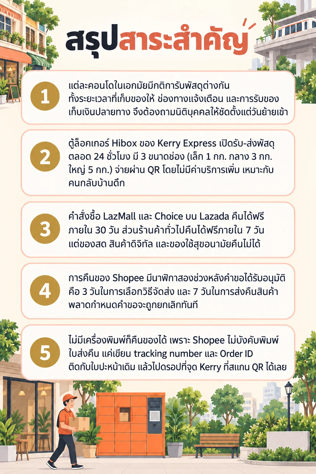 อินโฟกราฟิกสรุปข้อมูล รับพัสดุคอนโดเอกมัยไม่ให้ตกหล่น: จุดรับ ตู้ล็อกเกอร์ และวิธีคืนของ