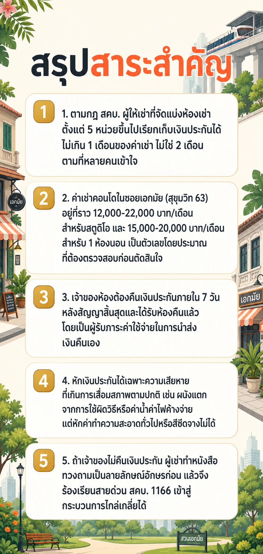 อินโฟกราฟิกสรุปข้อมูล เงินประกันเช่าคอนโดเอกมัย: กี่เดือน คืนเมื่อไหร่ ถ้าไม่คืนต้องทำอย่างไร