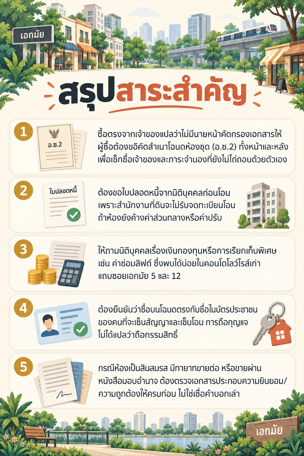 อินโฟกราฟิกสรุปข้อมูล ซื้อคอนโดมือสองเอกมัยจากเจ้าของตรง: 5 เรื่องต้องเช็กก่อนวางมัดจำ