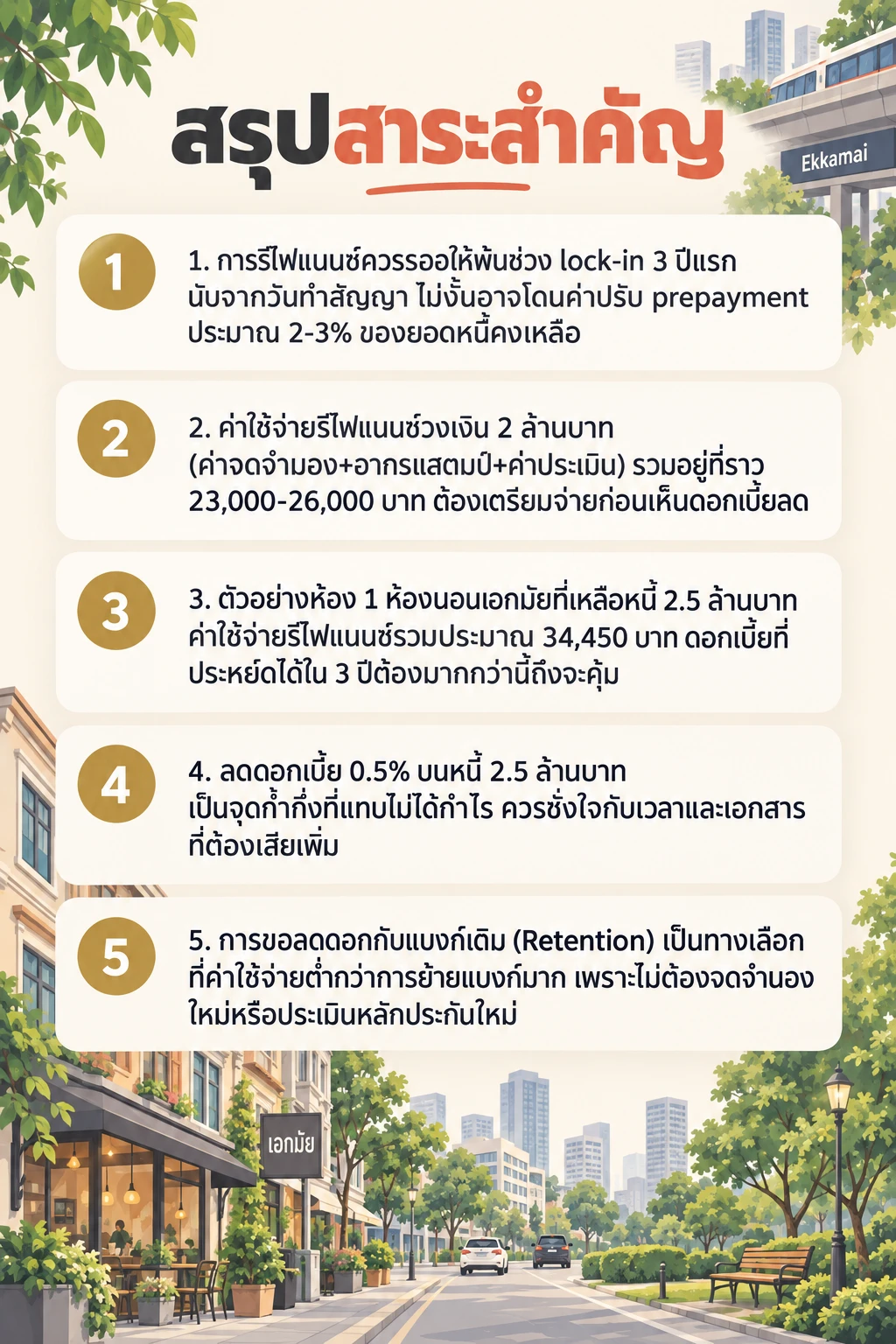 อินโฟกราฟิกสรุปข้อมูล รีไฟแนนซ์คอนโดเอกมัย: ย้ายแบงก์ตอนไหนคุ้ม ลดดอกกี่ % ถึงคืนทุน